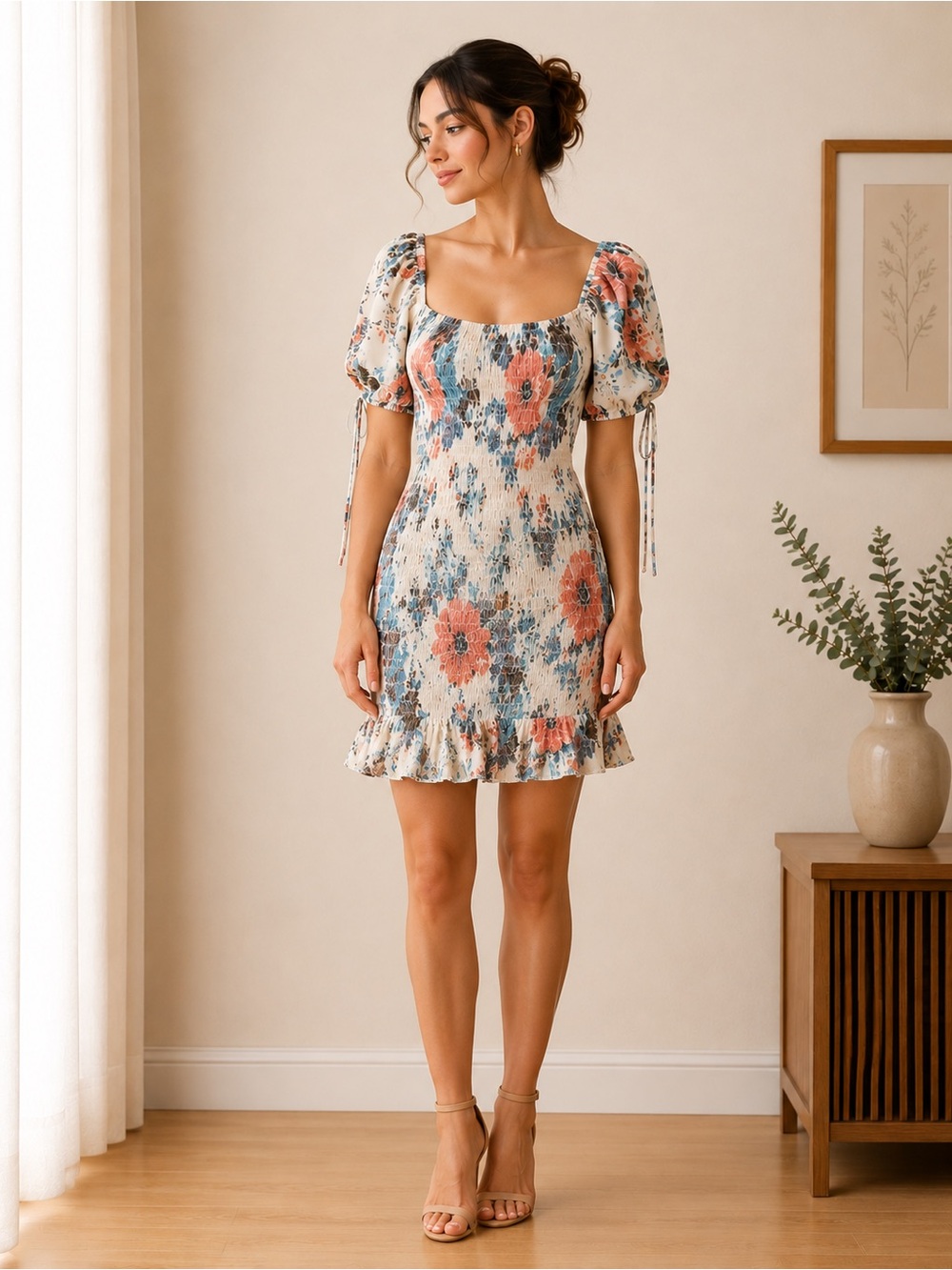 Timing Floral Smocked Mini Dress Puff Sleeve Size M